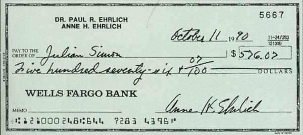 Cheque enviado a Julian Simon por Ehrlich